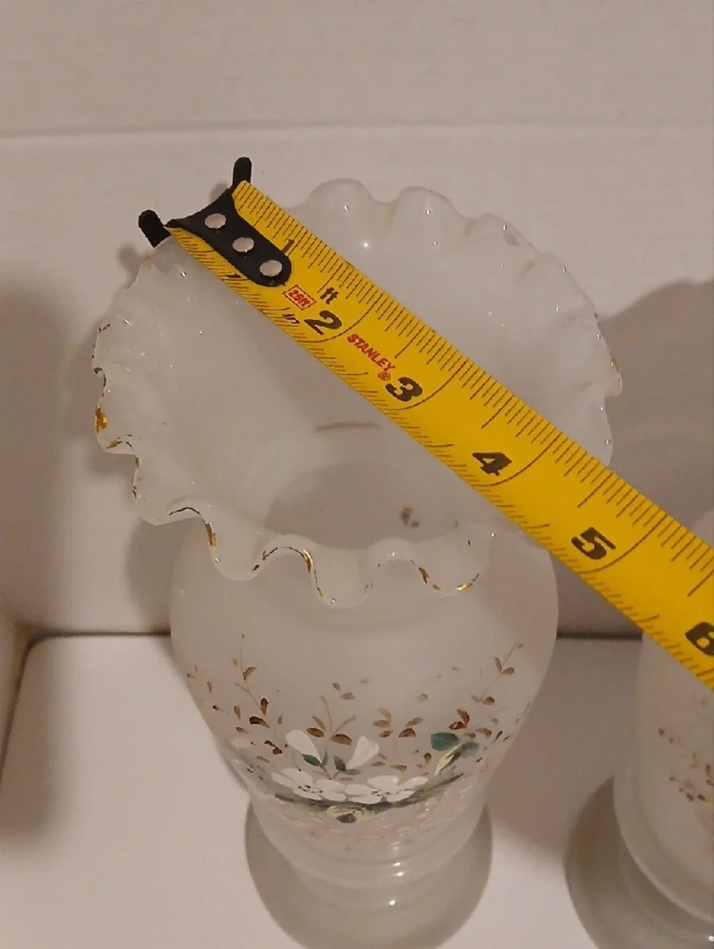 Antique Victorian Era Opaline Glass Vases with Hand-Painted Floral 1880-1890s